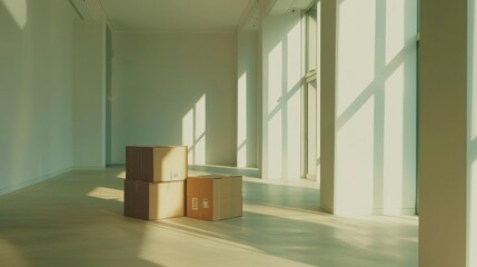 Moving boxes and potted plants in empty room of new house with copy space.