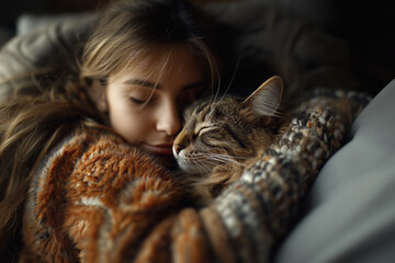 Tranquil Child Embracing Cat - A Portrait of Serenity and Joy