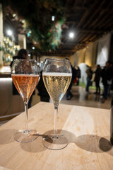 Tasting of sparkling wine champagne on winter weekend festival in December on Avenue de Champagne, Epernay, Champagne region, France