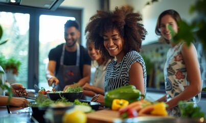 group of friends laughing and preparing a healthy meal together in a bright, modern kitchen,...