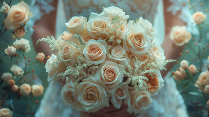A woman wearing a white wedding dress holds a bouquet crafted from fresh roses, featuring a vintage color scheme.