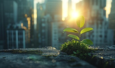 Save world and plant concept, Young sapling breaking through urban concrete, sun rays filtering through skyscrapers, symbolizing hope and renewal in the city, - obrazy, fototapety, plakaty