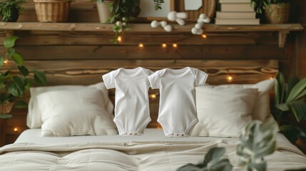 Fototapeta na wymiar Two white baby bodysuit mockup with Easter decor on white wood background. Easter eggs and gnome