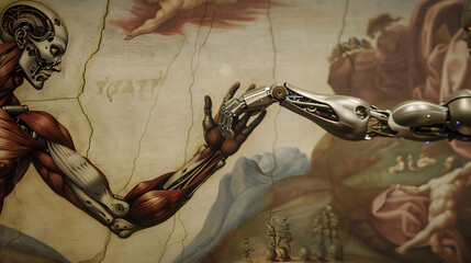 Titolo Human Meets AI: A Modern Twist on Michelangelo's Creation of Adam - obrazy, fototapety, plakaty