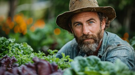 Portrait of a farmer in his sustainable vegetable garden, working the soil, embodiment of eco-friendly agriculture, digital art style, photograph, embodiment, eco-friendly, AI Generative