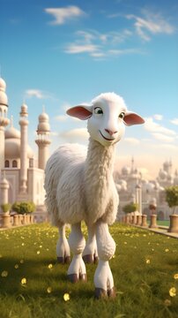 Cute sheep with mosque in background with Islamic landscape background, Eid al-Adha, Happy Eid al-Adha background