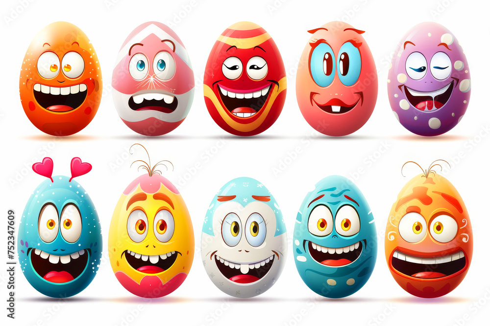 Poster a set of colorful cartoon eggs with different expressions. some are smiling, while others are frowni