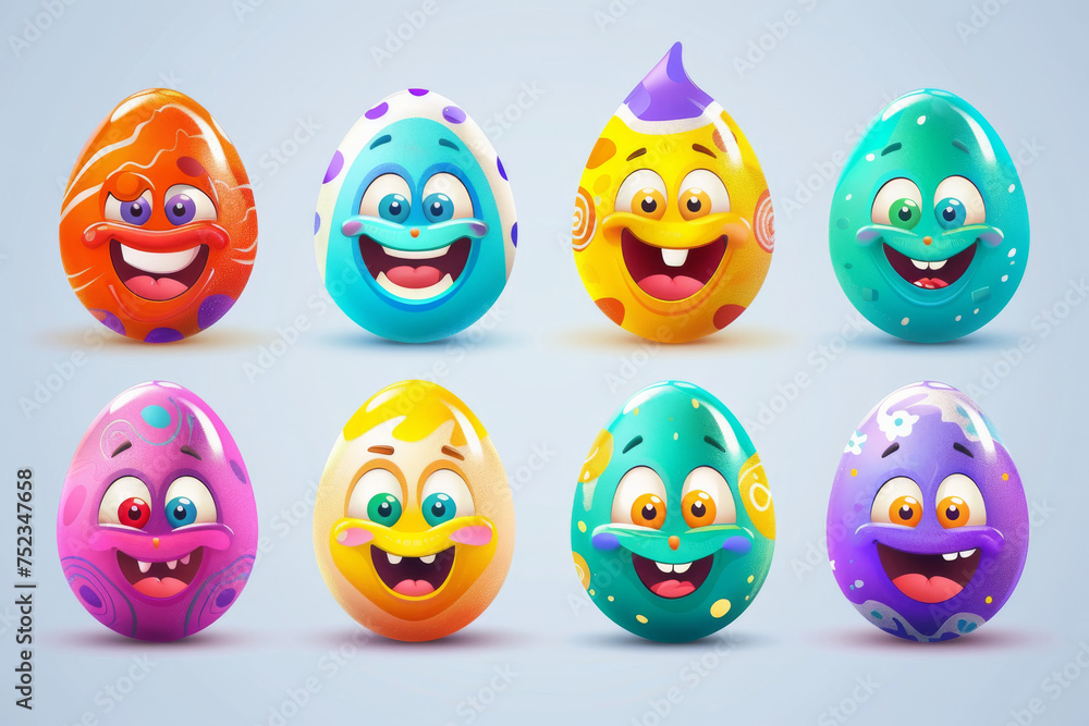 Poster a set of colorful cartoon eggs with different expressions. some are smiling, while others are frowni