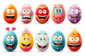 A set of colorful cartoon eggs with different expressions. Some are smiling, while others are frowning. Easter eggs characters vector set design. Easter egg character decoration with happy, smiling