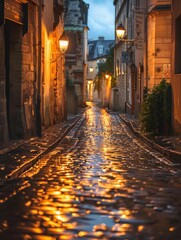 Fototapeta premium Rain-soaked cobblestone street in an old town, AI Generative