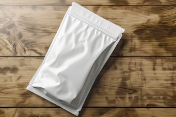 Blank Packaging Pouch on Wooden Background with Natural Light, Ideal for Product Mockup Design