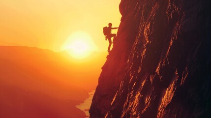 Solo climber ascending a steep cliff at dawn, the first light of day illuminating his path. This image captures the essence of personal growth and the pursuit of life goals, AI Generative