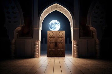 Islamic background with magnificent entrance view to the mosque and moon. Ramadan celebration template