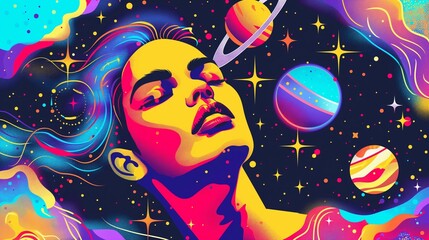 Psychedelic Planets: Neon Dreamscape Illustration for Party Themes