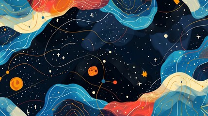 Fototapeta premium Galactic Swirls: Wavy Cosmic Nebula with Planetary Orbits, Background