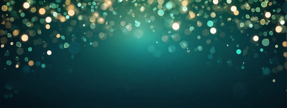 Abstract blur bokeh banner background. Emerald green bokeh on a defocused teal backdrop.