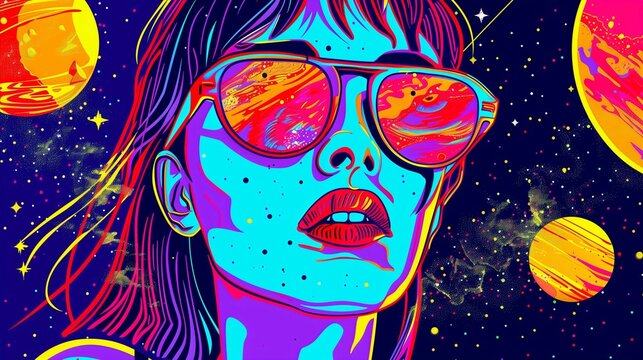 Retrofuturistic Pop Art: Colorful Galactic Woman Portrait