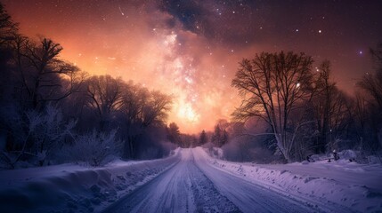 Fototapeta na wymiar The serene path of a road cutting through a white, snowy landscape, AI Generative