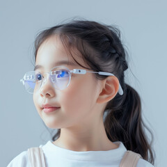 Fototapeta premium A young girl wearing tech-smart glasses and a serious expression
