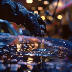 Close-up of a hand pouring oil creating captivating ripples and reflections, with a warm bokeh background.