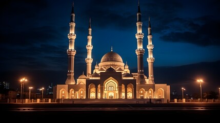 Fototapeta na wymiar Ramadan kareem celebration template with night landscape with mosque and stars. banner decoration background