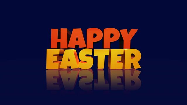 Colorful floating letters spell out Happy Easter in orange on a blue background. The festive image commemorates Easter, a Christian holiday celebrating the resurrection of Jesus Christ