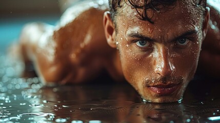 Close-up portrait of a wet, handsome man with an intense, captivating gaze and water droplets on his skin.