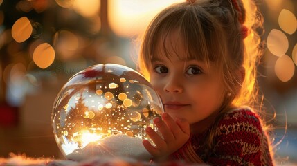 Naklejka premium Wonder on child's face, magical snow globe, transports to winter wonderland, gift unwrapping moment, AI Generative