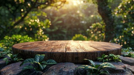 Wooden podium for product display, 3D rendered, nestled within a soft blur of nature's green leaves, serene and inviting, AI Generative