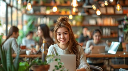 Women in teamwork at cozy cafe, collaborative effort on creative ventures, AI Generative