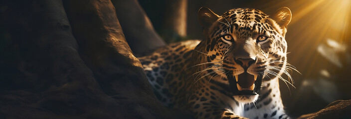 leopard sitting roaring in the jungle, straight face jaguar, leopard rests be side a tree in wild, applicable for background, wallpaper, banner - obrazy, fototapety, plakaty
