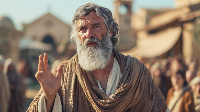 A figure resembling the biblical Paul speaking earnestly, dressed in traditional robes, set in an ancient marketplace.