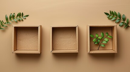 Wooden empty packaging open and closed cardboard paper craft gift box top view on beige background. Top view desk.