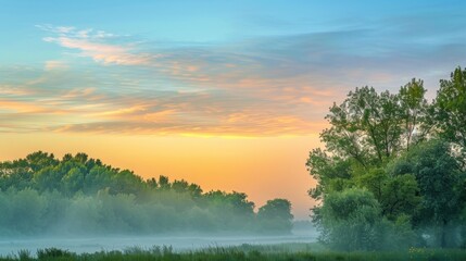 Emerald mist and blush sunrise, magical morning theme, serene dawn mist, warm glowing horizon, tranquil early daybreak, gentle morning light, peaceful day awakening, soft sunrise colors - obrazy, fototapety, plakaty
