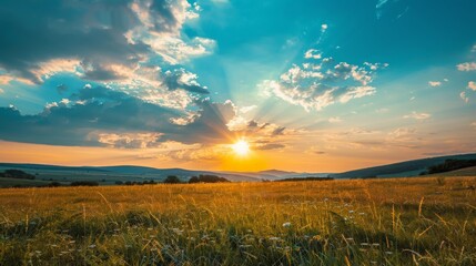 Golden sunset and azure sky, idyllic landscape theme, peaceful countryside view, serene sky canvas, tranquil nature scene, picturesque outdoor tranquility, golden hour beauty