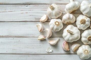 Fresh Opened Garlic with Slice on Rustic White Wooden Table