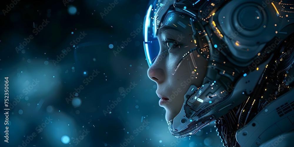 Poster the fusion of man and machine creates a formidable futuristic entity. concept future technology, rob