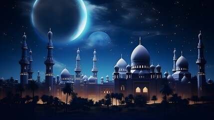 Obraz premium Ramadan kareem celebration illustration template with night landscape with mosque and moon