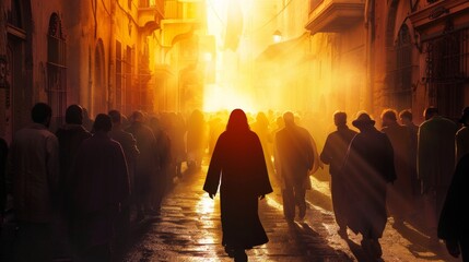 Jesus Christ silhouette leading a procession of faith through a historic city. - obrazy, fototapety, plakaty