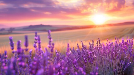 Lavender field and harvest wheat, countryside serenity theme, peaceful rural landscape, warm golden fields, tranquil country living, soft pastel sunsets, relaxing pastoral life, gentle nature beauty