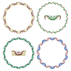 Set of decorative vintage openwork circle frames. Ornate round border on white background. Classic style tracery pattern. Vector illustration
