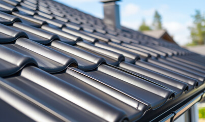 Durable Modern Metal Roof Tiles Close-up Against Blue Sky