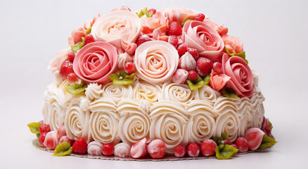 Obraz na płótnie Canvas a cake with white frosting and pink flowers on top of it, on a white background, with leaves and berries, generative ai