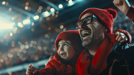 Joyful Father and Son Enjoying a Soccer Stadium