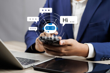 AI Artificial Intelligence,Digital chatbot, Man chatting with digital assistant chatbot on...