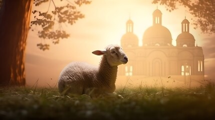 Sheeps with mosque in background with Islamic landscape background, Eid al-Adha, Happy Eid al-Adha