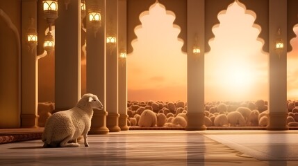 Sheeps with mosque in background with Islamic landscape background, Eid al-Adha, Happy Eid al-Adha