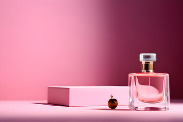 bottle of perfume on pink background - obrazy, fototapety, plakaty