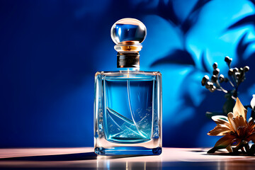 bottle of perfume with flowers and leaves blue background