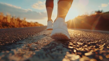 Close up on the shoe, Runner athlete feet running on the road under sunlight in the morning 